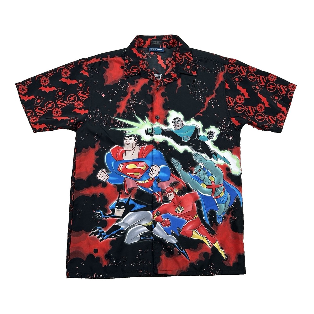 Vintage Justice League Shirt Youth Large Mens S Comics All Over Print Button Y2K